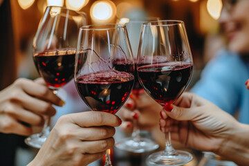Group of people are raising their glasses in a toast. Glasses filled with red wine on a blurred background