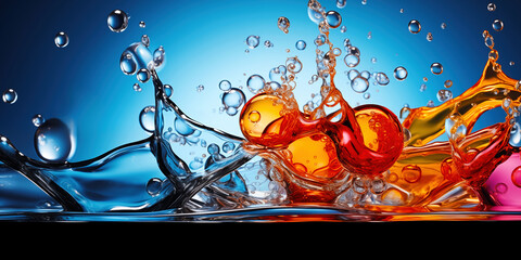 Water background with colorful splashes. Backdrop with splash of colored liquid. Water background with drops