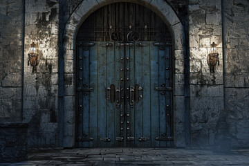 Large wooden door in a stone arch. The door with wood texture is locked with two large metal locks