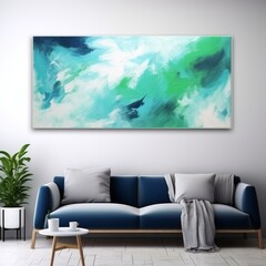 Happy mood living room idea of home decor design with colorful abstract painting art wall hanging.