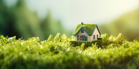 Miniature house among grass. Eco housing with roof covered with green moss. House in ecologically clean place