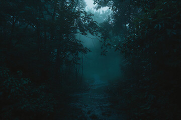 A dark foggy forest 