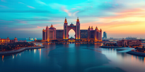 Fototapeta premium Luxury hotel in the shape of a sail at sunset