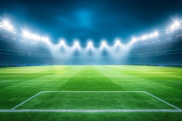 Soccer stadium at night with green lawn and blue spotlight. Football championship banner - obrazy, fototapety, plakaty