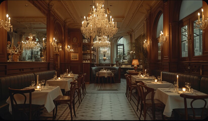 Fototapeta na wymiar An old restaurant with crystal chandeliers, candles on the table. Generative AI.