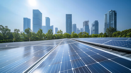 Fototapeta premium Solar panels fill the foreground in an urban setting, with the silhouette of modern skyscrapers rising in the background under a clear blue sky. Sustainable energy electrical power generation concept.