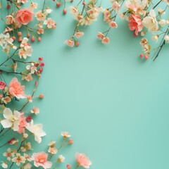 Naklejka na ściany i meble flowers on mint background with space for text.