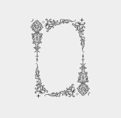 Hand drawn vector abstract outline,graphic,line vintage baroque ornament floral frame in calligraphic elegant modern style.Baroque floral vintage outline design concept.Vector antique frame isolated. - 730035023