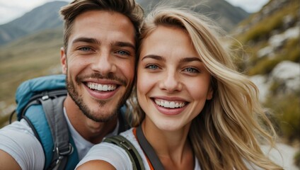 Close-up selfie of a cheerful young white couple with backpacks, smiling in the great outdoors, exuding warmth and happiness on their hiking adventure.