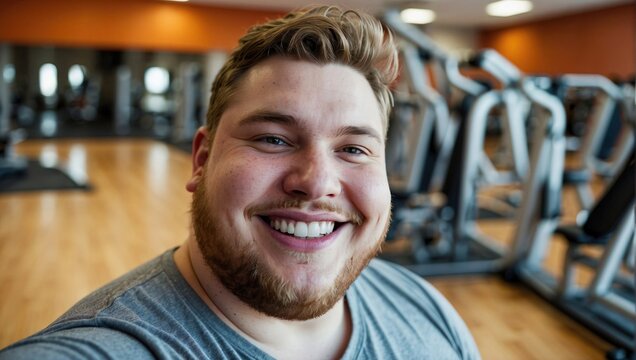 Close-up selfie of a young overweight white man with a friendly smile in a gym, exuding positivity and a commitment to personal fitness.