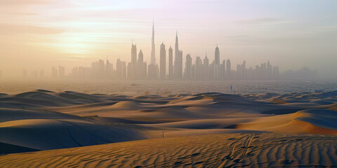 Mosque with tall minarets and domes against a dramatic desert landscape. Warm colors of wavy sand dunes