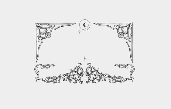 Hand drawn vector abstract outline,graphic,line vintage baroque ornament floral frame in calligraphic elegant modern style.Baroque floral vintage outline design concept.Vector antique frame isolated.