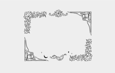 Hand drawn vector abstract outline,graphic,line vintage baroque ornament floral frame in calligraphic elegant modern style.Baroque floral vintage outline design concept.Vector antique frame isolated. - 730035450