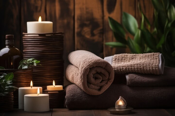 Obraz na płótnie Canvas White Harmony: Serene Spa Massage on Wooden Table with Aromatherapy Candle and Flower Composition on Clean Background