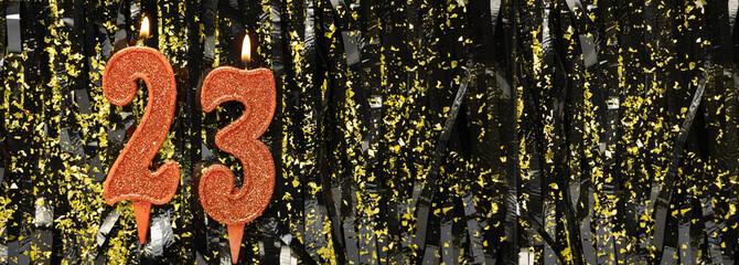 Burning red birthday candles on glitter tinsel background, number 23. Banner.