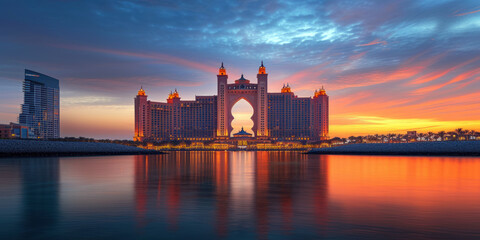 Fototapeta na wymiar Sail-shaped luxury hotel reflects on the water at sunset