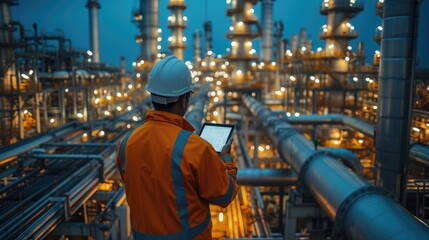 A worker using tablet computer, he is up in a gantry at construction site for an energy plant being built. Generative AI.