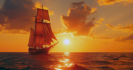 Fototapeta premium Sailboat on the water during sunrise or sunset. Sailboat appears against the bright sky