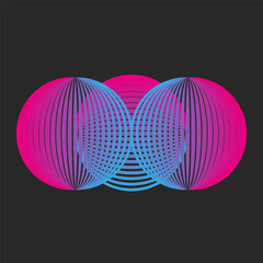 Circular psychedelic pattern logo featuring overlapping three circles in a horizontal row, sphere grid thin lines technology symbol, rounded vibes with blue-pink gradient.