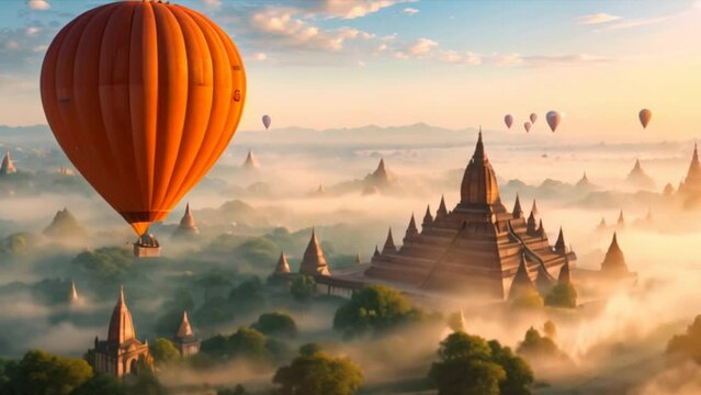 An ancient pagoda in Bagan, Mandalay, Myanmar, and a tourist watching the Bagan pagoda landscape at sunrise 