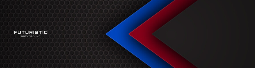 3D black techno abstract background overlap layer on dark space with red blue shape effect decoration. Modern graphic design element cutout style concept for web banner, flyer, card, cover or brochure