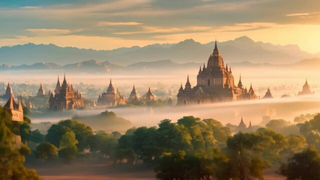 An ancient pagoda in Bagan, Mandalay, Myanmar, and a tourist watching the Bagan pagoda landscape at sunrise 