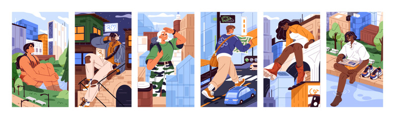 Giant people walk in the city set. Big characters navigate with map on streets, relax in the park, listen to music at night, reading outdoors. Urban life concept posters. Flat vector illustrations © Paper Trident