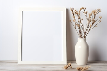 Simplistic mockup with white frame and vase for interior design.