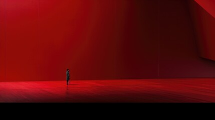 red empty space. a small figure of a man in the distance. loneliness, depression and mental health. to be alone, solo.