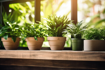 Terracotta pots with plants on a sunlit windowsill, perfect for home decor themes. Sunlit Indoor Potted Plant Collection
