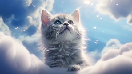 cat on the clouds. the kitten died and went to heaven and smiles. cute animal looks at the sky. life after death.