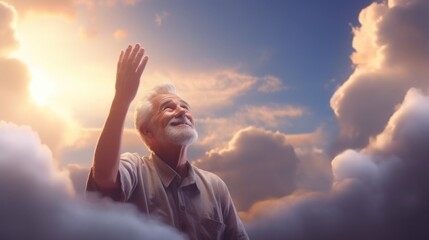 adult man on the clouds. the old man died and went to heaven and smiles. gray-haired grandfather looks at the sky