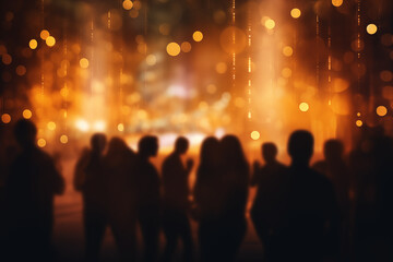 Silhouetted crowd with golden bokeh background for festive events.Bokeh-Lit Silhouettes of Street Gathering