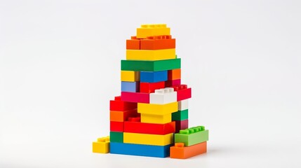 Pile of colorful building blocks on a white background