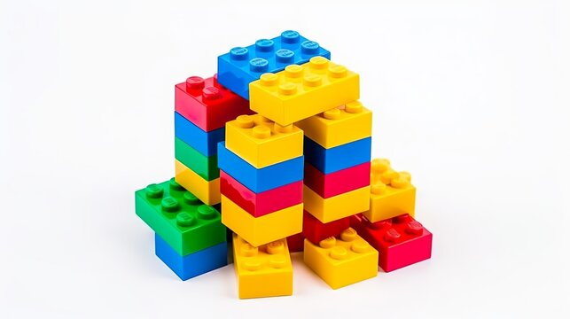 Pile of colorful Lego building blocks on a white background