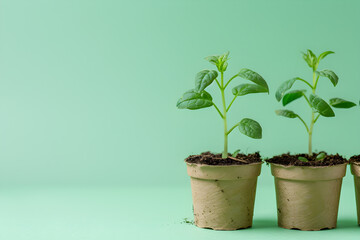 Pots with seedlings on a light green background, concept of agriculture, growing on a windowsill. Copy space