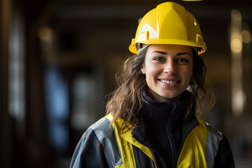 Close-up of a smiling female construction worker in safety gear. Close-Up Smiling Female Construction Worker