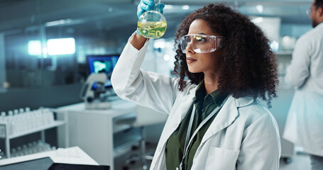 Scientist, woman and chemical with laptop in laboratory for chemistry experiment, test sample and...
