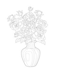 Roses in a vase. Vector black and white image on a white background. Coloring.