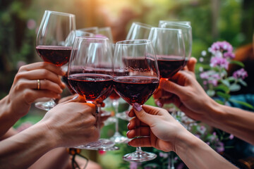 Group of people raising glasses in a toast. Glasses filled with red wine during the celebration on a blurred background