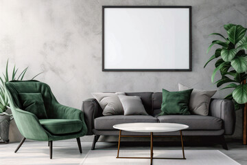 Modern living room with a minimalist and contemporary design. Room with a grey shade and a coffee table