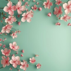 Fototapeta na wymiar flowers on mint background illustration with space for text.