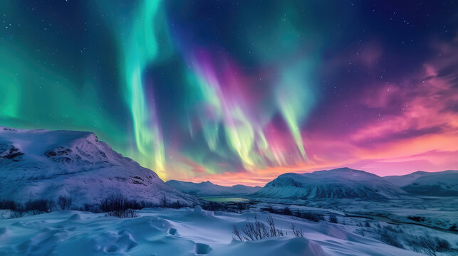 Aurora Borealis splendor over snowy mountain landscape © boxstock production