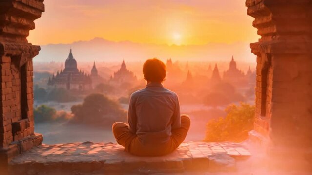 An ancient pagoda in Bagan, Mandalay, Myanmar, and a tourist watching the Bagan pagoda landscape at sunrise 