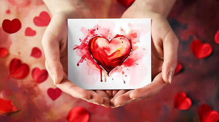 Two hands holding a card with a red heart on the background of hearts. Valentine's day concept.