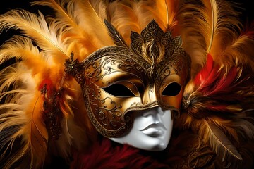 Amidst a swirl of golden mist, a regal Carnival mask bedecked with opulent feathers takes center stage.