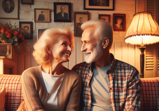 Close up image of the senior couple in the cozy, warm room. Concept