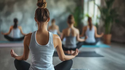 Fototapeten Person sitzt in Yoga Stellung mit gesunder Rückenhaltung auf einer Trainingsmatte und entspannt dabei mit Meditation Generative AI © Imagecreator