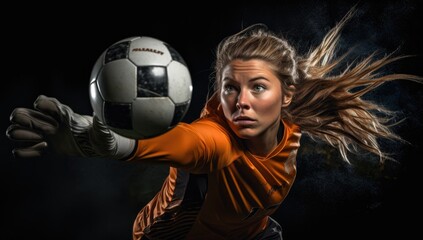The soccer goalkeeper, a woman of skill and determination, makes a confident catch, safeguarding her team's position.