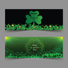 Saint patrick's day holiday with a pot of gold, shamrock, clover leaf on green background.